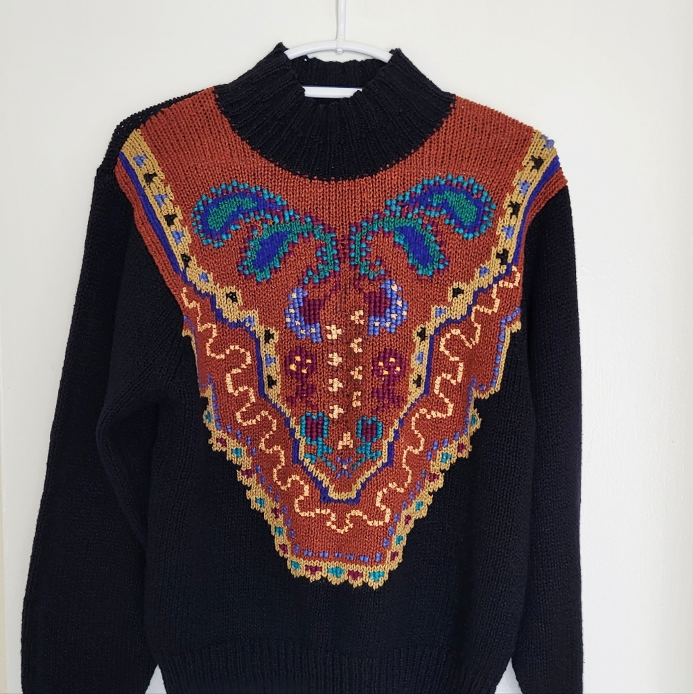 VTG Jeanne Pierre Black Sweater Womens M Rust Multicolor Folk Bohemian 90's